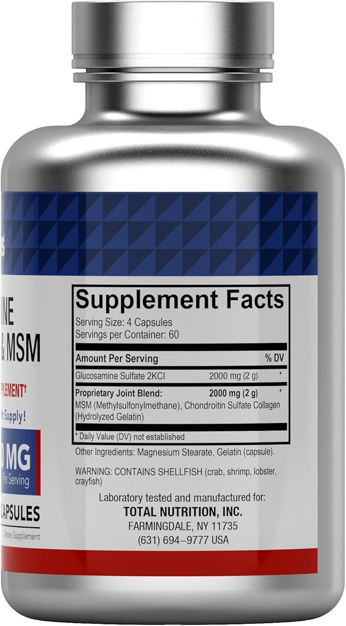 tnvitamins Glucosamine Chondroitin MSM Capsules 240 Count | 4000 mg Per Serving | 2000 mg Glucosamine Sulfate 2KCl + 2000 mg MSM &amp Chondroitin Blend | Joint Support Supplement