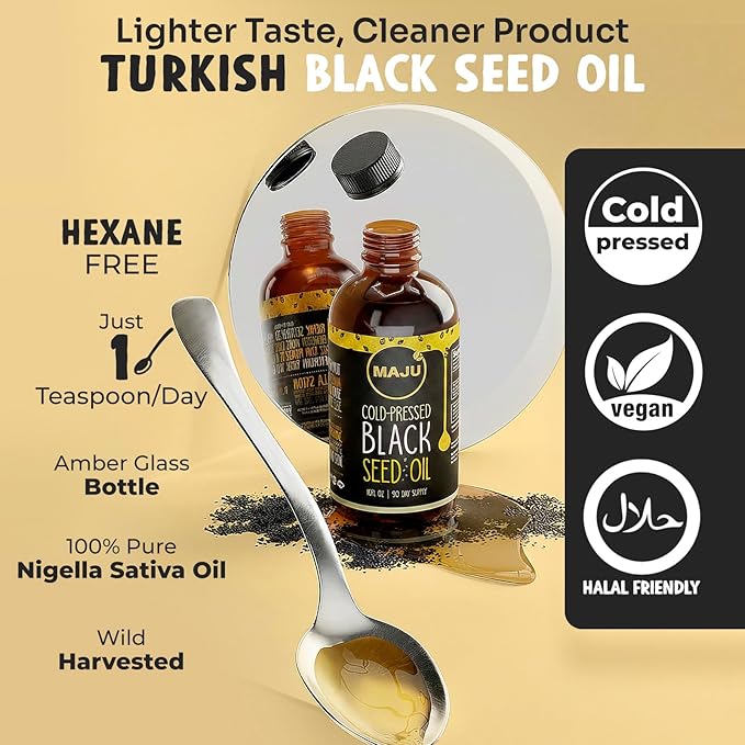MAJU's Black Seed Oil 16oz: 3X Thymoquinone Cold Pressed 100% Turkish Black Cumin Nigella Sativa Seed Oil (Better Than Organic) Non-GMO 100% Liquid Pure Blackseed Glass Bottle