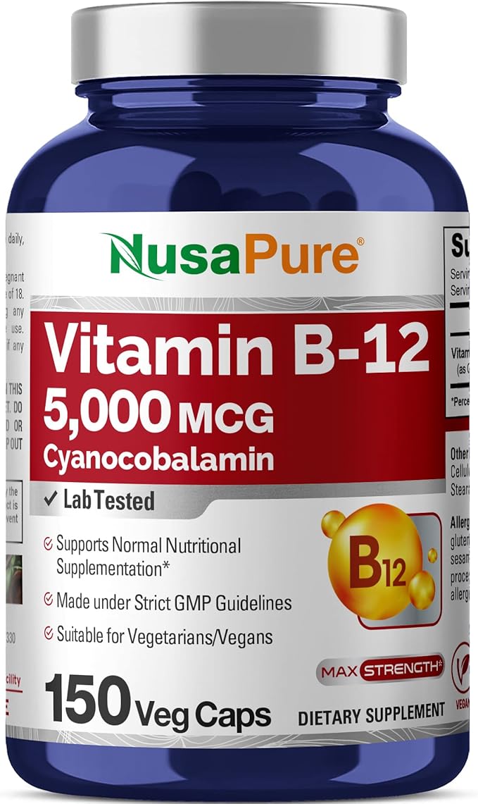 NusaPure Vitamin B12-5000 MCG 150 Veggie Capsules (Non-GMO Vegan) - Max Strength Vitamin B12