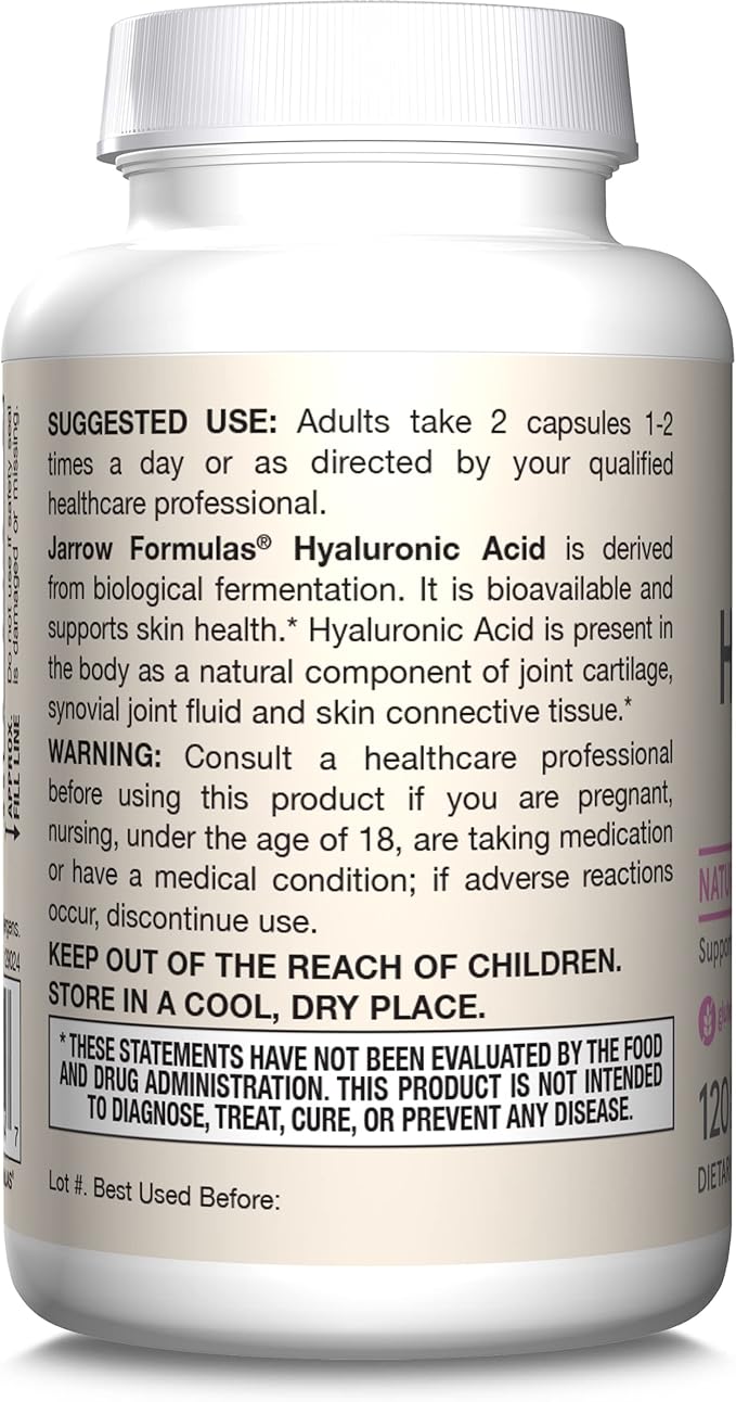 Jarrow Formulas® Hyaluronic Acid 120 mg Dietary Supplement Skin Health Support 120 Veggie Capsules Up to 60 Day Supply(Pack of 2)