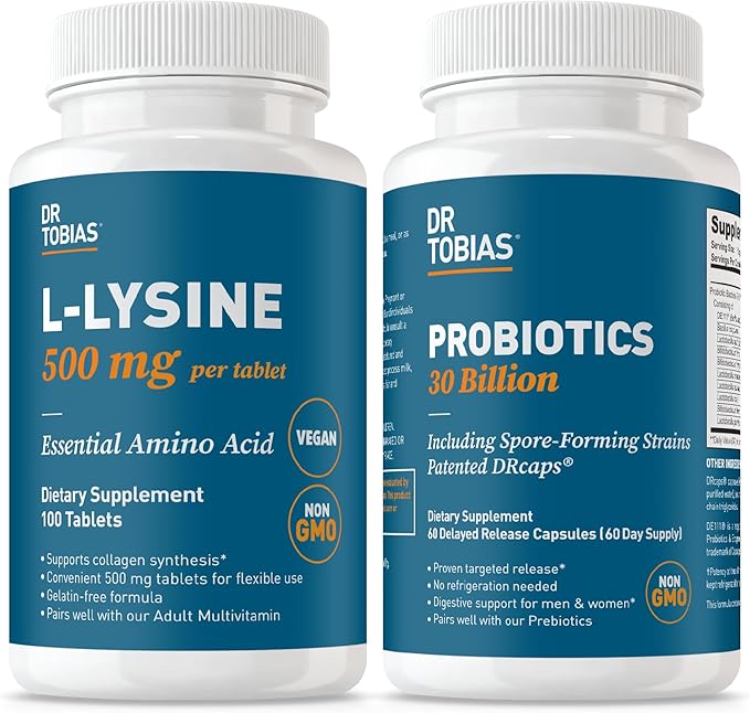 Dr. Tobias L‑Lysine 500 mg Tablets + Probiotics 30 Billion CFU (10 Strains) – Essential Amino Acid for Skin Health + Shelf‑Stable Daily Probiotic for Gut Flora &amp Digestive Wellness