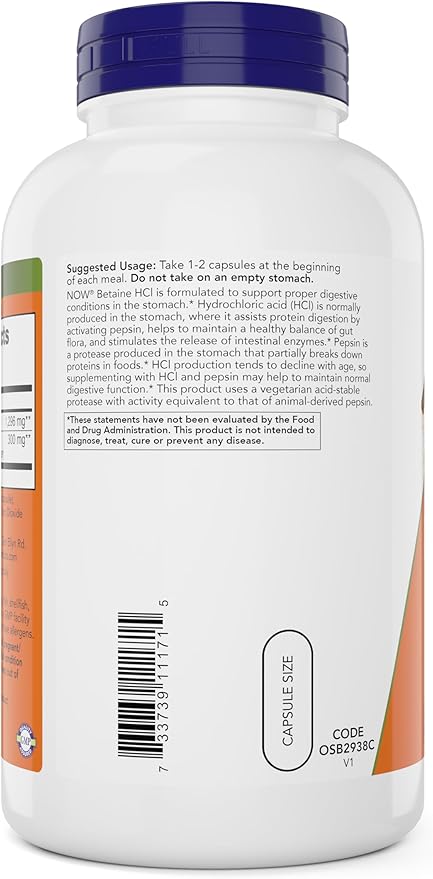 Now Betaine HCl 648mg 240 Veg Capsules - Digestive Enzymes Supplement - Enhanced with Pepsin Protease for Protein Digestion Support