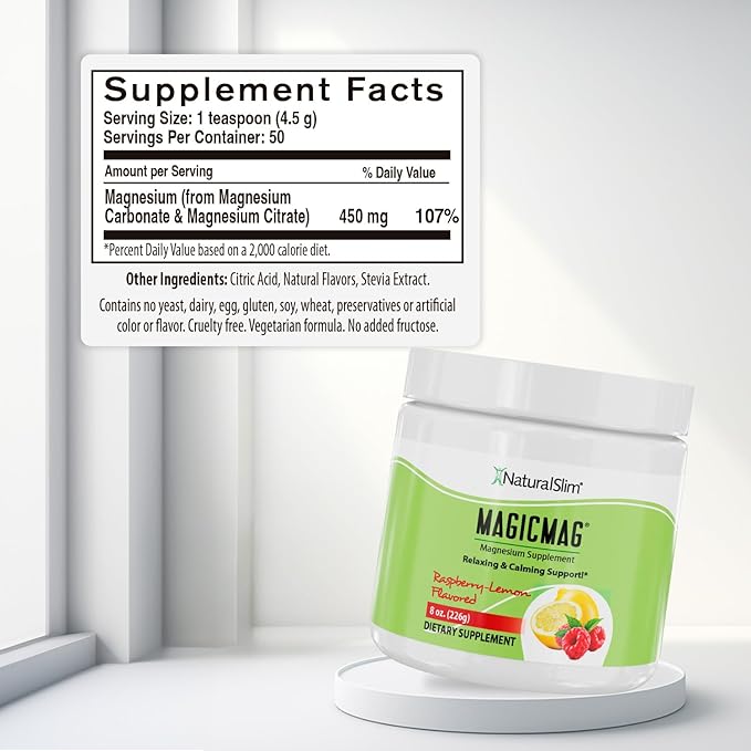 NaturalSlim MagicMag Magnesium Citrate Powder Drink for Relaxation Stress Constipation Better Rest &amp Digestive Health Magnesium Supplement for Women and Men Raspberry Lemon 8oz