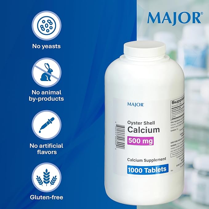 MAJOR Oyster Shell Calcium 500mg - Daily Dietary Supplement for Bone Health and Joint Support Mineral Supplement for Men and Women Gluten-Free - 1000 Tablets (1 Pack)