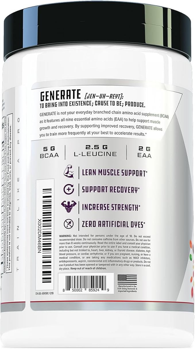 Cutler Nutrition Generate EAA and BCAA Powder: Best Branched Chain Amino Acids Supplement with Essential Amino Acids 5g BCAAs 2g EAAs for Lean Muscle Mass | Sour Rainbow Candy 30 Servings