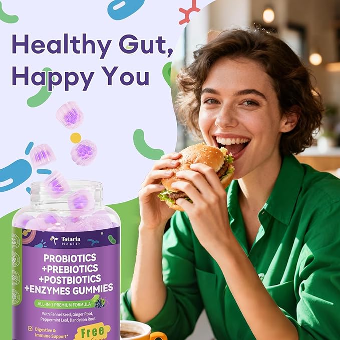 Totaria 2 PCS Sugar Free 5-in-1 Probiotic Prebiotic Postbiotic Gummy 36 Strains Probiotics for Women Men with Digestive Enzymes Peppermint Complete Immune Gut &amp Digestive Support Grape Flavor