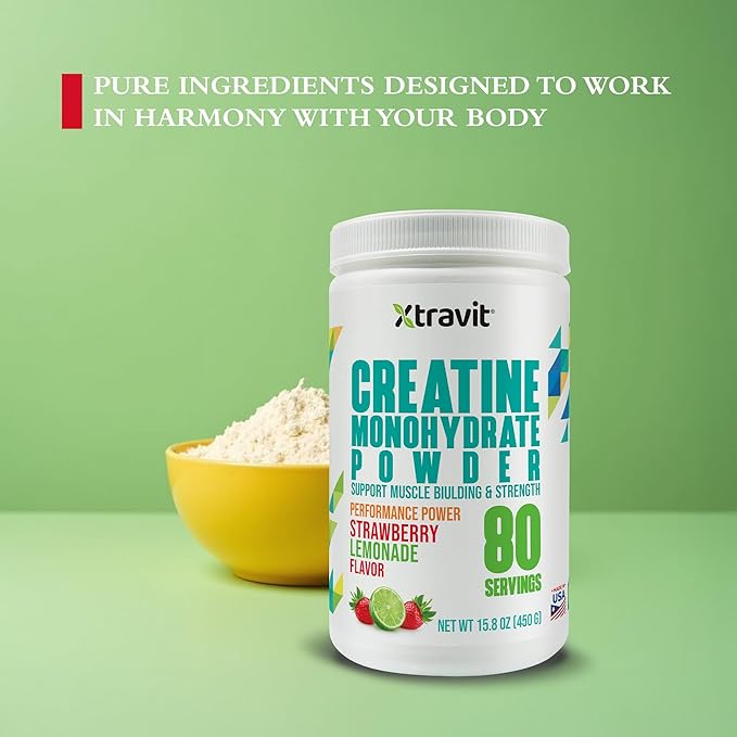 Creatine Monohydrate Powder Supplements – Strawberry Lemonade Flavored Drink Mix for Men &amp Women - Support Muscle Gains &amp Strength - Pure Filler &amp GMO Free Supplement 5000mg 15.8 oz
