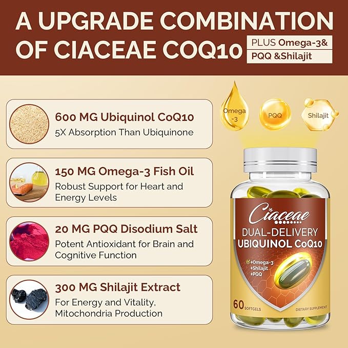 Ubiquinol CoQ10 600 MG Softgels with Omega-3 &amp Shilajit &amp PQQ Advanced Dual-Delivery Coenzyme-Q10 Active CoQ10 Ubiquinol Supplement for Fertility Antioxidant Heart Brain &amp Energy 180