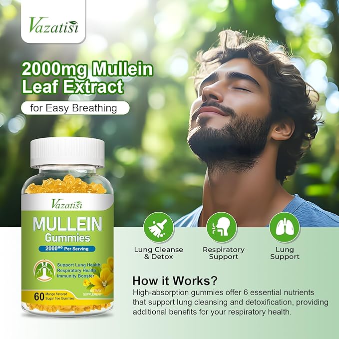Mullein Gummies Mullein Leaf Extract with Bromelain Quercetin Pine Bark Support Lung Cleanse for Healthy Breathing 120ct