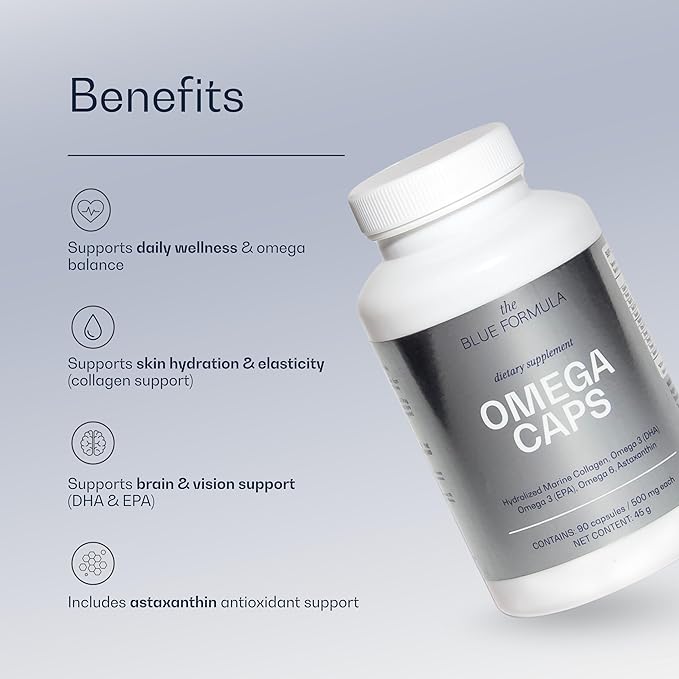 Omega 3-6-9 Capsules with Hydrolyzed Marine Collagen + Astaxanthin - Fish Oil with DHA &amp EPA - Unflavored No Fishy Aftertaste - 90 Capsules (500 mg)