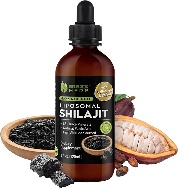 Maxx Herb Pure Himalayan Shilajit – Liquid Liposomal Formula with Black Pepper BioPerine &amp Cacao - Energy Boost &amp Immune Support 85+ Trace Minerals 20% Fulvic Acid – 4 Oz Bottle (60 Servings
