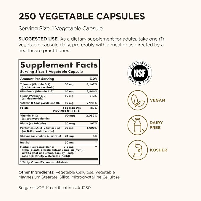 Solgar B-Complex “50” 250 Vegetable Capsules - Energy Metabolism Cardiovascular Support Nervous System Support - Non-GMO Vegan Gluten Free Dairy Free Kosher - 250 Servings