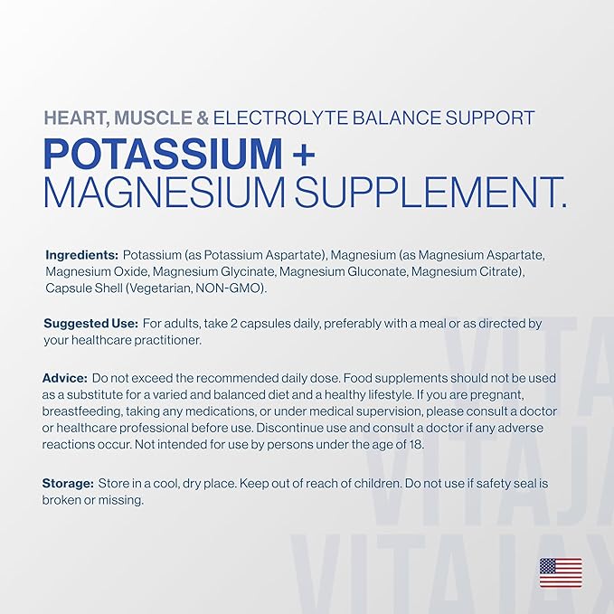 Potassium Magnesium Supplement 1000mg | 180 Capsules | Magnesium and Potassium Supplement for Heart Leg Cramp Muscle &amp Electrolyte Balance Support | Gluten Free Non-GMO | 6-Month Supply
