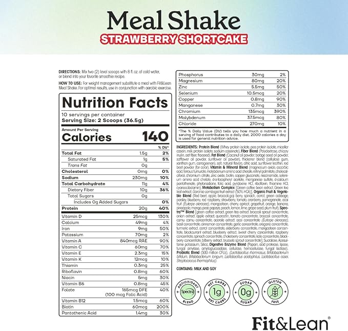 Fit &amp Lean Meal Shake Fat Burning Meal Replacement Protein Fiber Probiotics Strawberry Shortcake 0.8 lbs (365 g)10 Servings Per Container