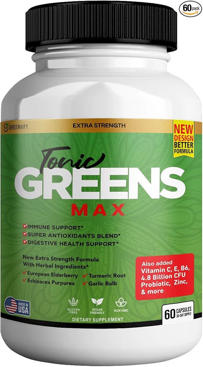 Tonic Greens Max Extra Strength Immune Support Supplement 60 Capsules with Elderberry Turmeric Probiotics (1)