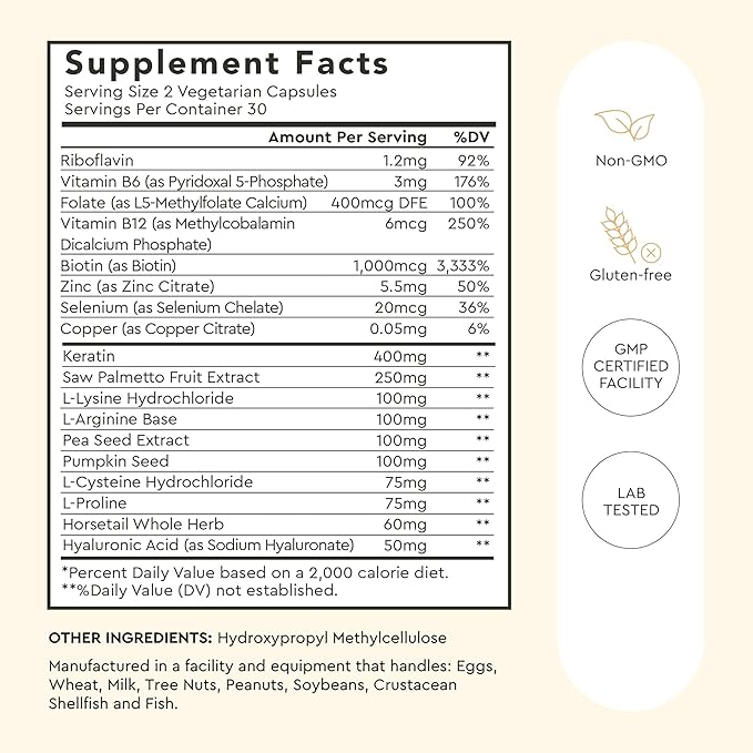 Alaya Hair Essentials - Hair Supplement with Biotin Keratin Folic Acid Vitamin B12 B6 - Lab Tested - Gluten Free - 30 Day Supply