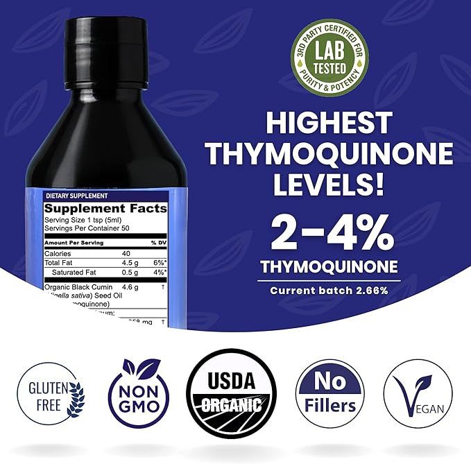 Organic Black Cumin Seed Oil - USDA - Cold Pressed – up to 6X Stronger Thymoquinone - Pure Nigella Sativa Cumin Seeds Premium Supplement - Overall Wellness Skin &amp Hair Vitality 8.5oz x 2 pack
