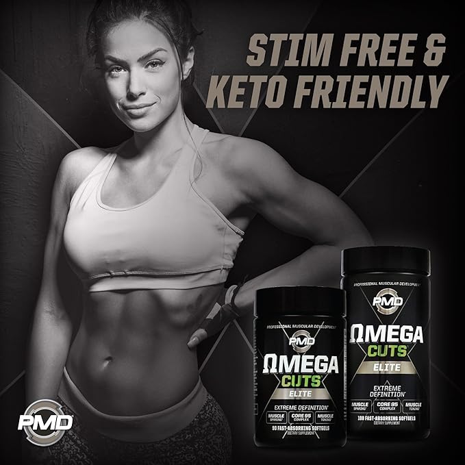 PMD Sports Omega Cuts Elite -Fat Loss-Muscle Defining Formula - Omega Fatty Acids MCT's and CLA for Muscle Definition and Maintenance - Keto Friendly For Women and Men - Stimulant Free (180 Softgels)