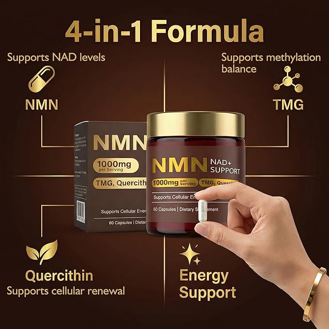 NMN Supplement 1000mg 4-in-1 Liposomal NMN for NAD+ Supplement nmn Supplement with Quercetin Cellular Energy &amp NAD+ Levels Support for Men &amp Women 60 Capsules