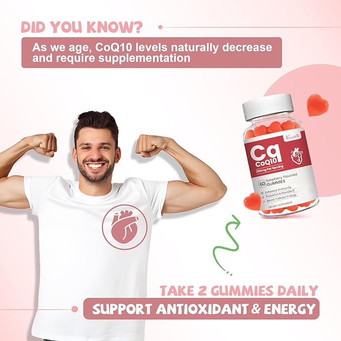 2 Pack CoQ10 Gummies 250 mg Plus Omega-3 Magnesium Vitamin B12 for Cellular Energy Brain &amp Antioxidant 5X Better Absorption Coenzyme Q10 Supplement Raspberry Flavored Gummies - 120 Cts
