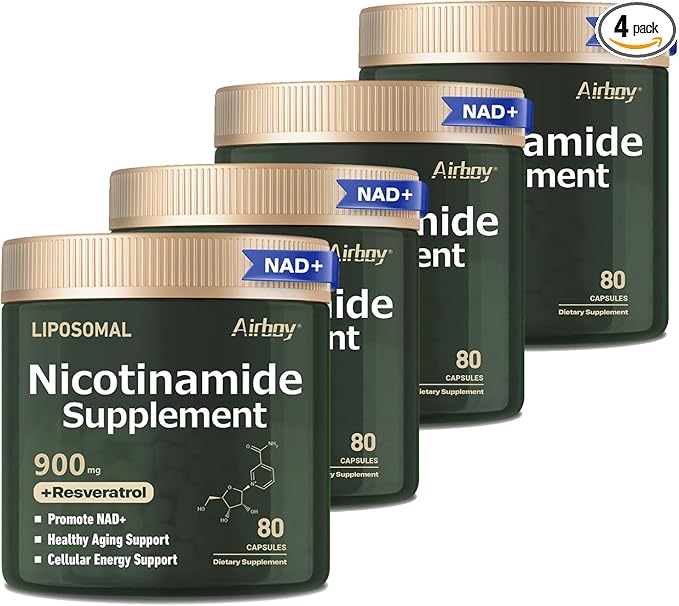 Airboy Liposomal Nicotinamide Riboside 900 mg NAD Supplement with ResveratrolNMN Alternative NAD Booster Support Anti-Aging Energy Focus - 80 Capsulesx 4 Pack