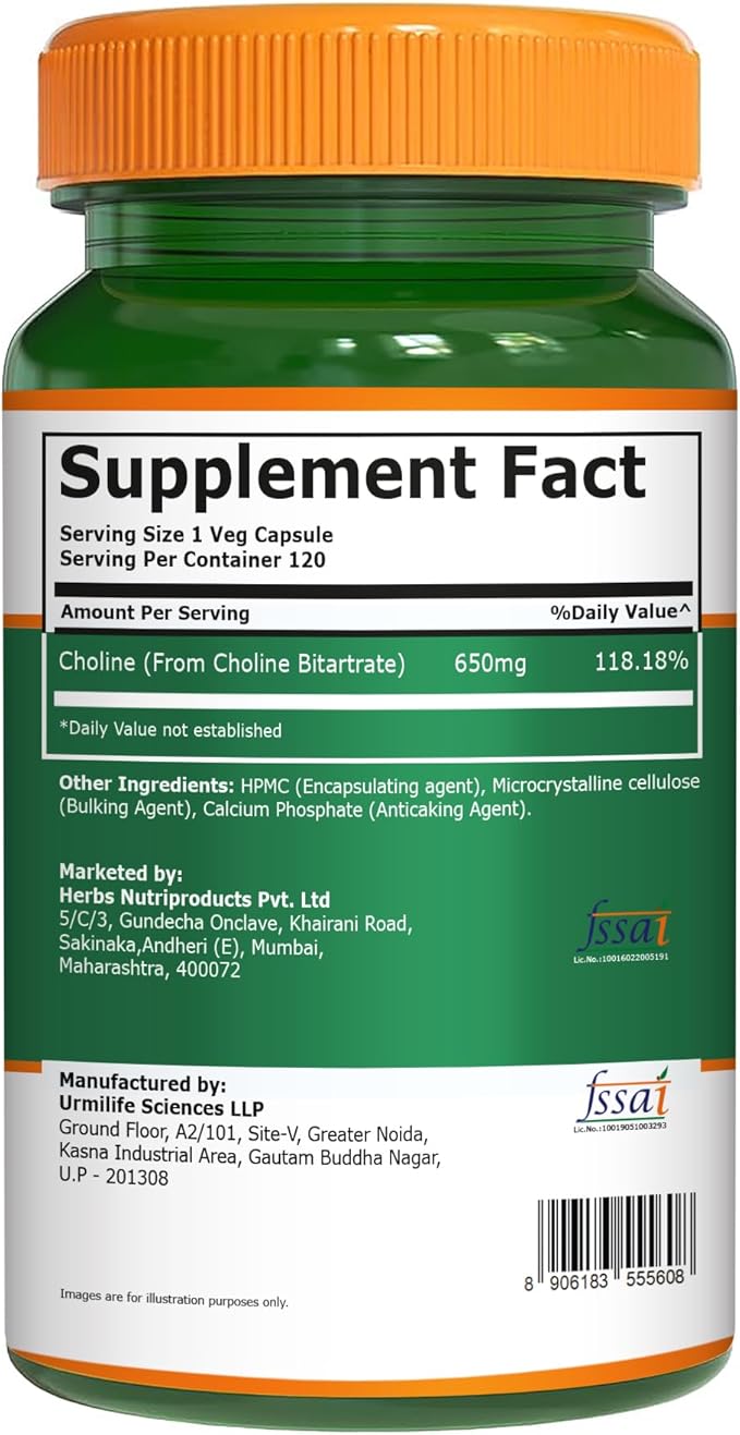 Pure Nutrition Choline Bitartrate 650mg | 120 Veg Capsules | 4 Month Supply | Supports Overall Wellness &amp Daily Nutritional Intake | 100% Vegetarian Non GMO.
