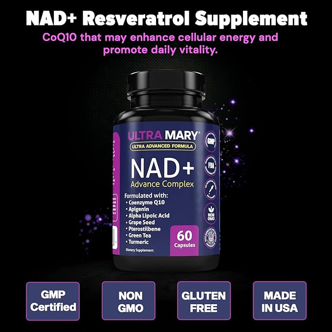NAD+ Resveratrol Supplement – Longevity Formula with Nicotinamide Adenine Dinucleotide with CoQ10 Apigenin &amp Turmeric Anti-Ageing Formula for Men &amp Women – 60 Capsules