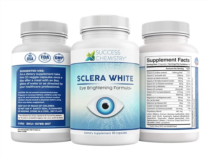 Sclera White Eye Brightening Formula by Success Chemistry - for Beautiful Bright Eyes. Reduce Eye Strain &amp Fatigue. Non-GMO 60 Veggie CAPS