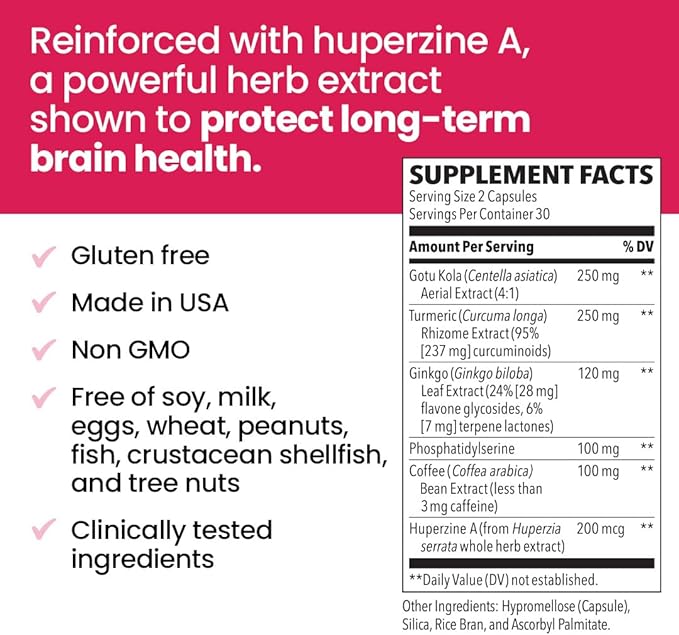 NeuroQ Memory &amp Focus Extra Strength - Boosts Cognitive Performance &amp Brain Function - Supports Neuroprotection &amp Concentration - Huperzine A Gotu Kola Ginkgo Coffee Fruit &amp Propoli