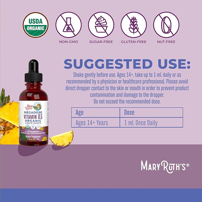 MARYRUTH'S Vitamin D3 Liquid Drops | Megadose 4000 IU | USDA Organic Liquid Vitamin D Spray for Adults &amp Kids | Immune Support &amp Bone Health | Vegan | Gluten Free | Non-GMO | 30 Servings