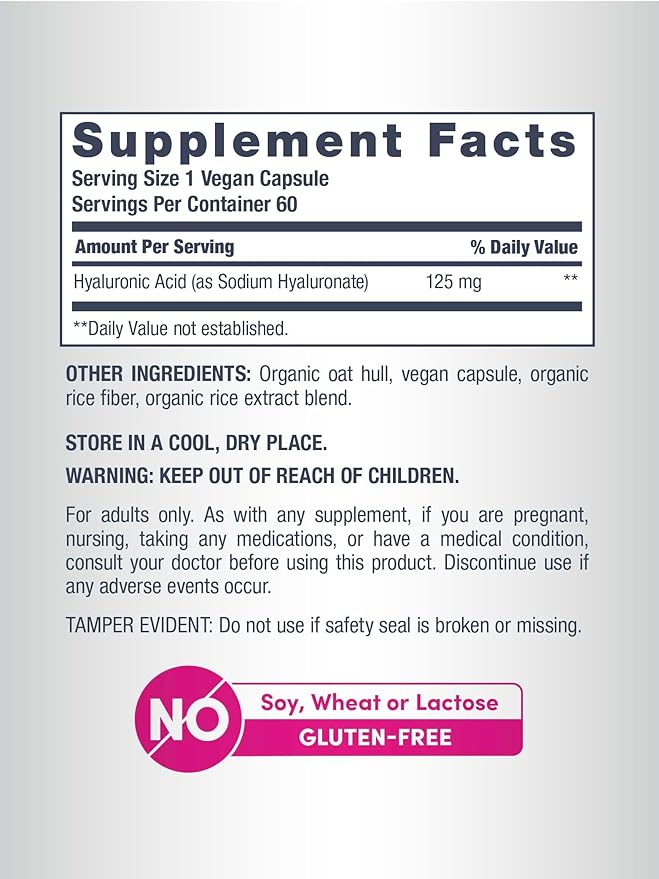 NeoCell Hyaluronic Acid Capsules | 60 Pills | 125 mg | Daily Hydration | Hair Skin &amp Nails | Vegan Supplement