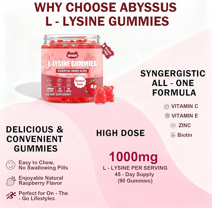 ABYSSUS Lysine Supplement – Sugar Free L-Lysine 1000MG Gummies Lysine for Women with Biotin &amp Folate Skin &amp Immune Support 90 Chewables