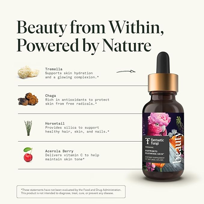 Fantastic Fungi Beauty Elixir with Tremella Mushroom Extract Chaga Mushroom Extract Horsetail &amp Acerola - Organic Drops for Healthy Hair Skin &amp Nails - Formulated in USA - 30 Servings 1 fl