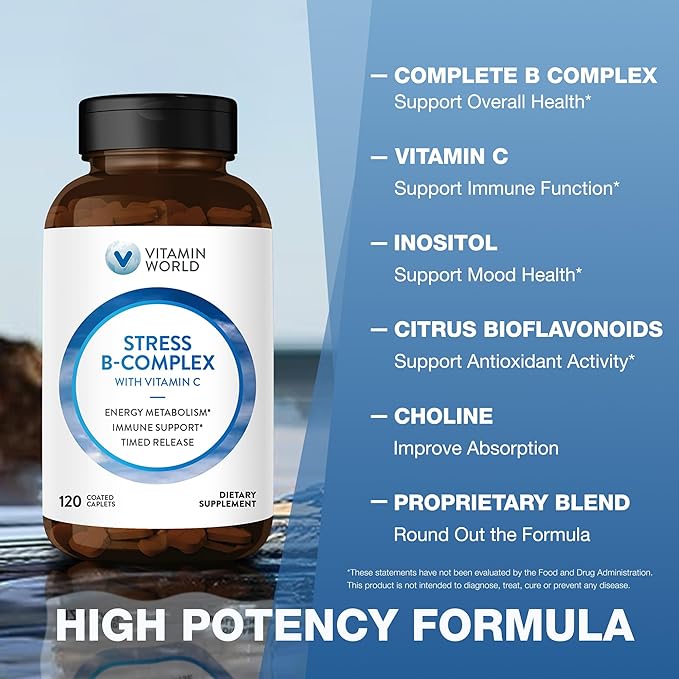 Vitamin World Stress Vitamin B Complex with Vitamin C Timed Release High-Potency Vitamin B6 B12 Niacin Folate &amp Biotin for Stress Energy Metabolism &amp Immune Support Non-GMO 120 Caplets