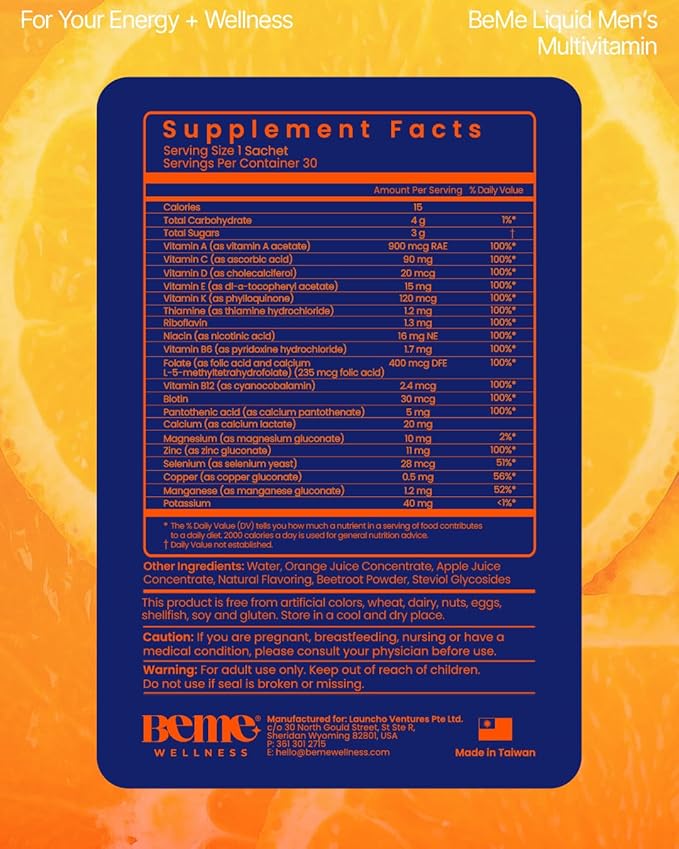 BeMe Liquid Multivitamins for Men - Advanced Liquid Delivery System with 13 Vitamins &amp Minerals - Tear &amp Go Sachets Non-GMO Orange Flavor (30 Sachets)