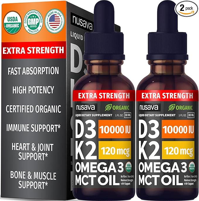 (2 Pack) Extra Strength Organic Vitamin D3 K2 Drops with MCT Oil Omega 3 10000 IU - Vitamin D Liquid No Fillers Non-GMO D3 for Faster Absorption and Immunity Unflavored - (2 Fl Oz 60 Servings)