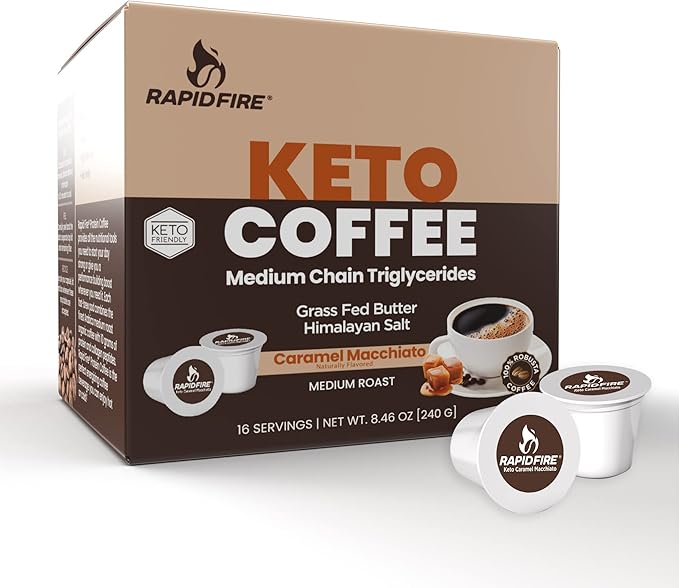 Rapid Fire Ketogenic Caramel Macchiato Keto Coffee Mix &amp Pods Supports Energy &amp Metabolism Weight Loss Diet 15 Servings 7.93oz &amp 16 Count K Cups