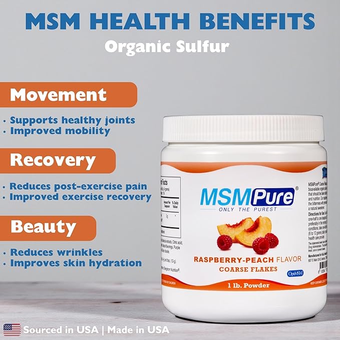 KALA HEALTH MSMPure Raspberry Peach Flavored Coarse MSM Powder Flakes – US-Made MSM for Joint Health Skin Appearance and Hair &amp Nail Support – 1 lb Organic Sulfur