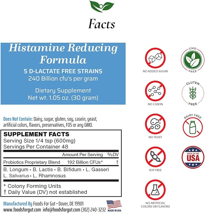 Foods For Gut Histamine &amp D Lactate Free Probiotics Powder 240 Billion CFU | Made in USA | No Additives | Direct from Manufacturer | No Third-Party Storage | Immune Support | 30 Grams (1.05 OZ)