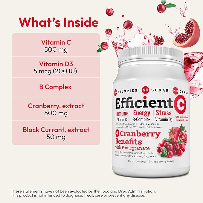 ANDREW LESSMAN Efficient C + Cranberry Benefits 30 Packets - Immune Energy Stress and Urinary Tract Support. Reinvention of The Vitamin C Drink. No Calories. No Sugar. No Carbs. Easy to Mix.
