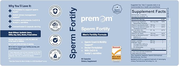 Premom Sperm Fortify Male Fertility Supplements for Men with KSM-66® Vegan Ashwagandha CoQ10 Zinc Selenium &amp Acetyl-L-Carnitine Supports Sperm Health Motility &amp Count* 60 Veggie Capsu