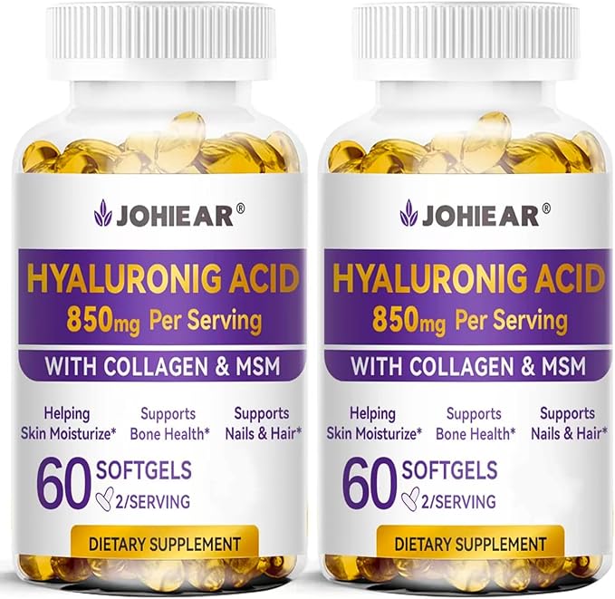 Hyaluronic Acid Supplements 850mg High Bioavailable Dietary Hyaluronic Acid Capsules Double Strength Skin Hydration Eye Health Hair &amp Nails Growth Support 60 Softgels 2 Pack