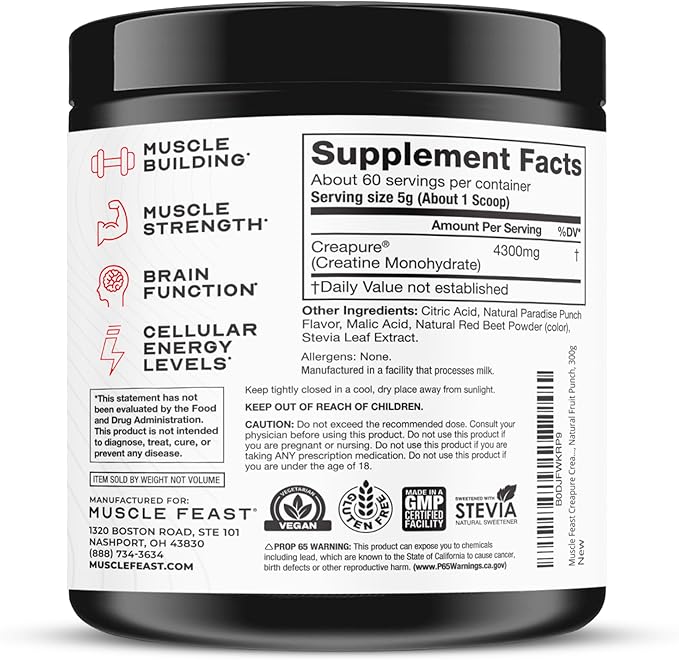 Muscle Feast Creapure Creatine Monohydrate Powder Vegan Keto Friendly Gluten-Free Easy to Mix Muscle Recovery Supplement Creatine for Muscle Growth Flavored Creatine Natural Fruit Punch 300g