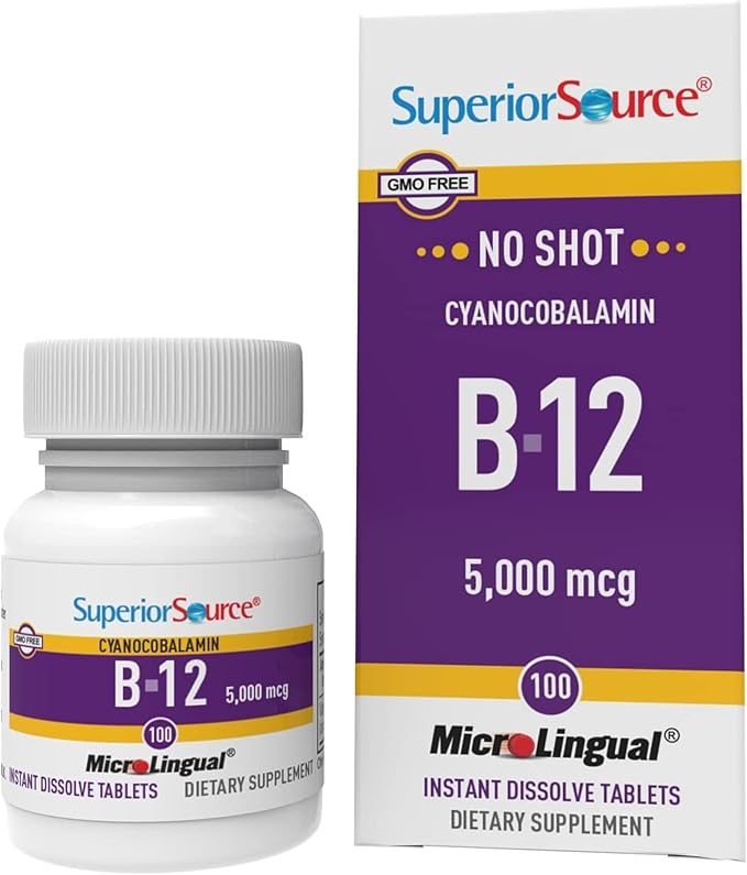 Superior Source No Shot Vitamin B-12 Cyanocobalamin 5000 mcg - Vitamin B-12 to Support Energy Production Brain Health &amp Overall Wellness - Sublingual Tablets - 100 Dissolvable Tablets