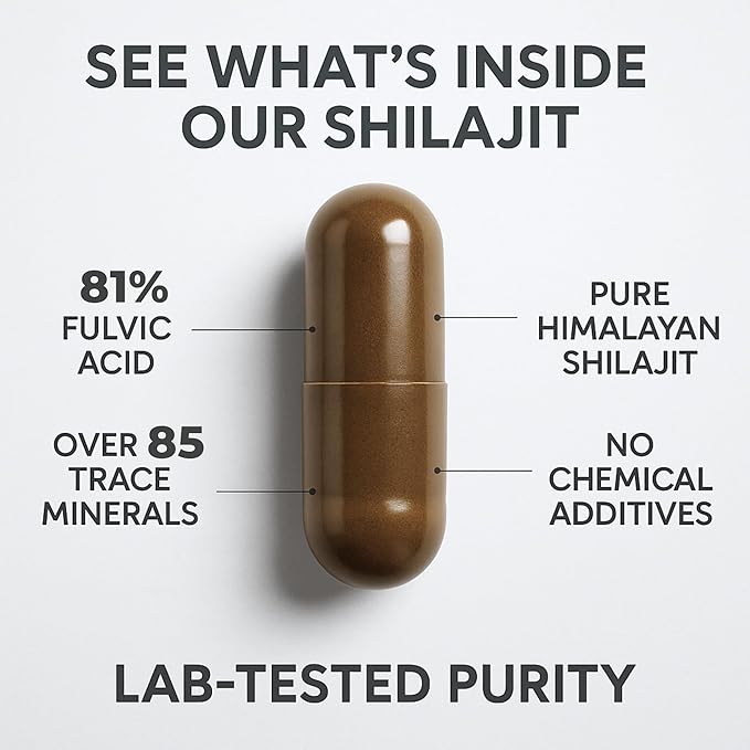 Natural Himalayan Shilajit Capsules - High Fulvic Acid &amp 85+ Trace Minerals Lab-Tested for Purity Natural Supplement for Immune Support &amp Cognitive Health 60 Vegan Capsules