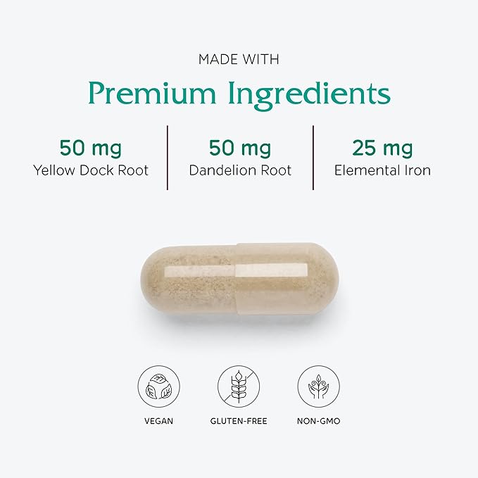 Vitanica Iron Extra Iron Supplement Enhanced Absorption with Vitamin C 500mg Methylfolate 400mcg B12 Vitamin 500mcg Calcium Yellow Dock Dandelion Root &amp Nettle Leaf Extract Vegan 60 Capsul
