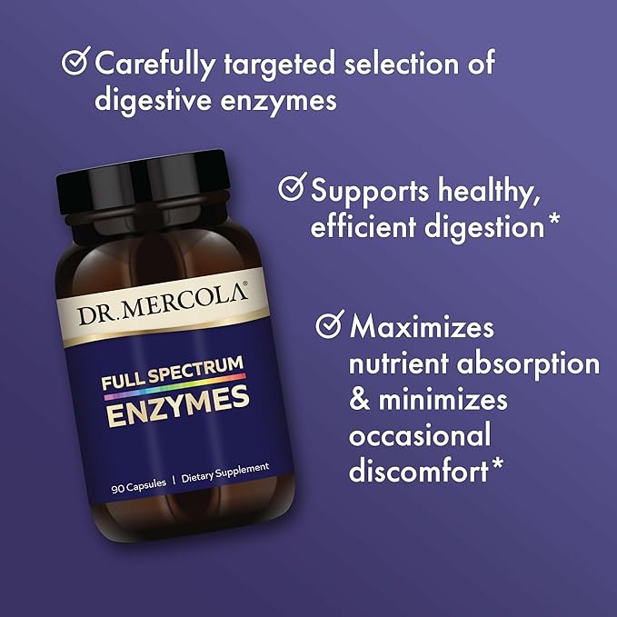 Dr. Mercola Full Spectrum Enzymes - 22 Different Enzymes - Supports Digestive &amp Immune Health - Helps Digest Carbohydrates Fats &amp Proteins - Non-GMO Gluten-Free &amp Soy-Free - 90 Capsules
