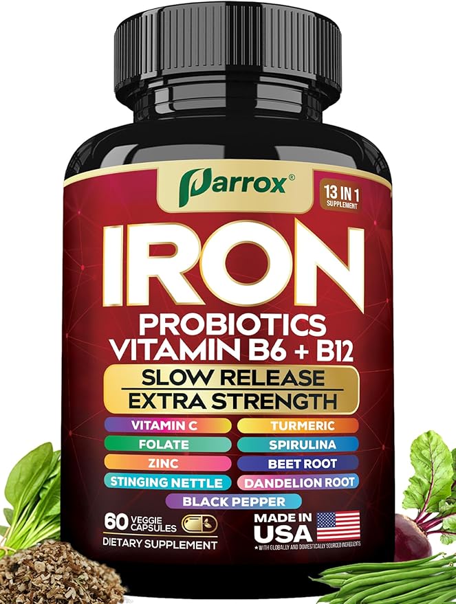 Iron Supplement with Slow Release Iron Probiotics Spirulina Turmeric Vitamin B6 B12 C Zinc Folate Beetroot Nettle Leaf Dandelion Root Black Pepper Extra Strength 60 Vegan Capsules