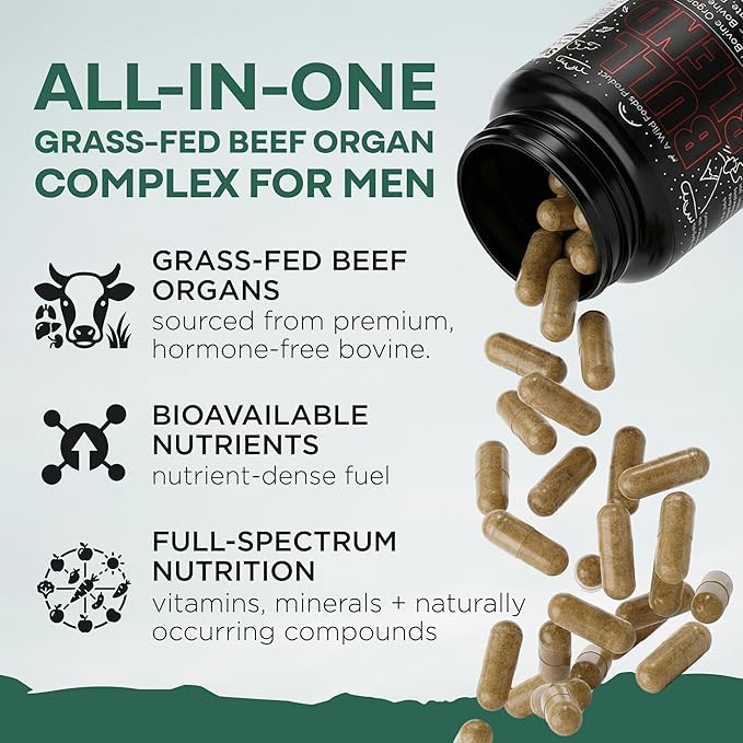 Wild Grass Fed Beef Organ Supplement for Men - Complete Ancestral Nutrition Complex with Beef Liver Testicle Prostate &amp Bone Matrix - Organ Meat Supplements - 30 Day Supply