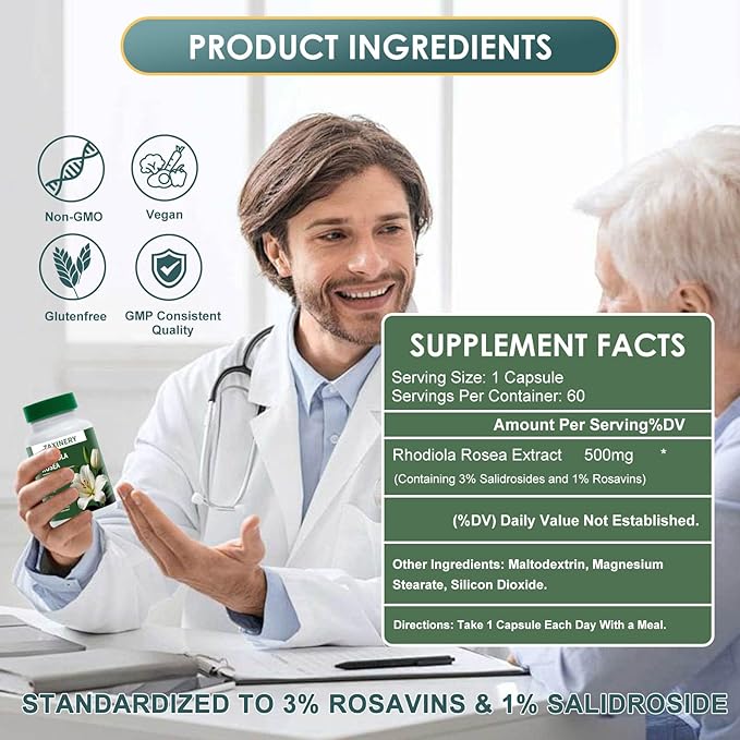 Rhodiola Rosea Supplement 500mg - Rhodiola Rosea Extract for Energy Stress Relief Mood and Focus - Adaptogenic Herb Supplement - Gluten Free &amp Non-GMO - 60 Vegan Capsules